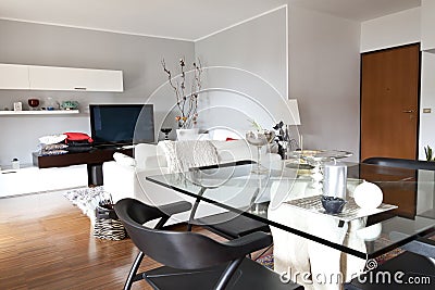 Interior of a living room, glass table and tv