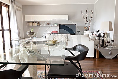 Interior of a modern room, glass table and tv