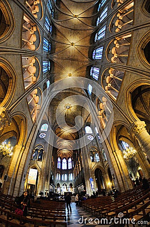 Interior view of Notre-Dame Cathedral, a historic Catholic cathedral considered to be one of the finest examples of French Gothic