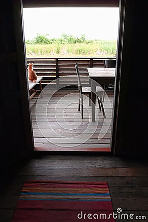 Interior, wooden asian house balcony view