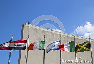 International Flags in the front of United Nations Headquarter in New York