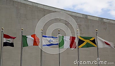 International Flags in the front of United Nations Headquarter in New York