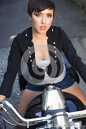 Intimate Portrait Young Glowing Woman Sitting on Motorcycle