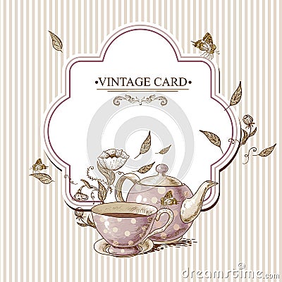 Invitation Vintage Card with Cup, Pot and Flowers