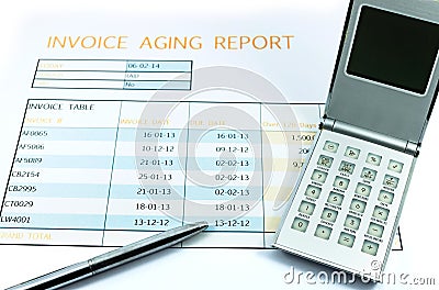 Invoice report with calculator and pen on white background