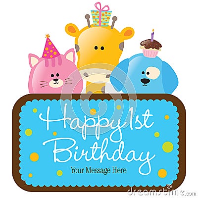 Isolated baby animals with first birthday sign (bl