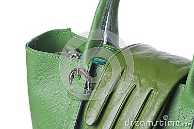 Isolated green leather purse with gloves