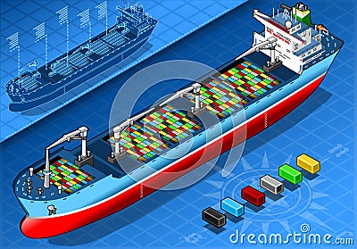 Isometric Cargo Ship with Containers in Front View