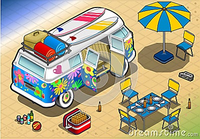 Isometric Rainbow Van in Camping in Rear View