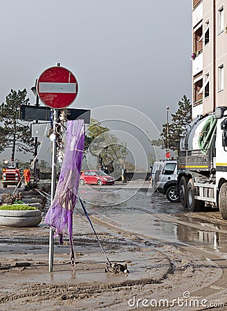 Italian floods aftermath - no entry road sign