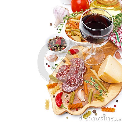 Italian food - cheese, sausage, pasta, spices and wine isolated