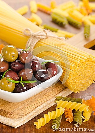 Italian food ingredients - pasta and olives