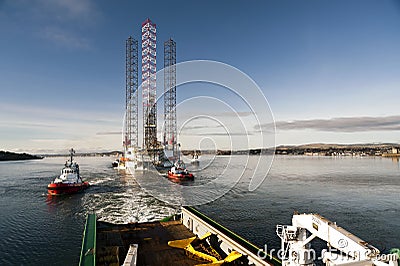 Jack-up rig Ensco 120 in the entrance channel of Dundee, United Kingdom.