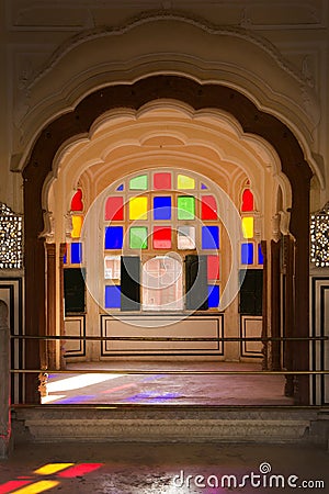 Jaipur, colorful windows and balconies, interior view of Hawa Mahal