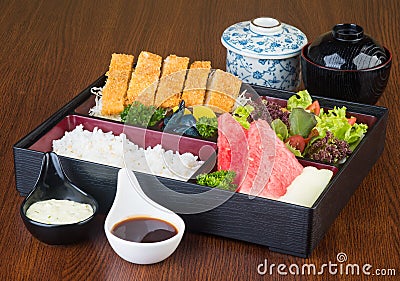 Japanese cuisine. lunch box set on background