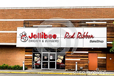 Jollibee restaurant and Red Ribbon bakeshop storefront