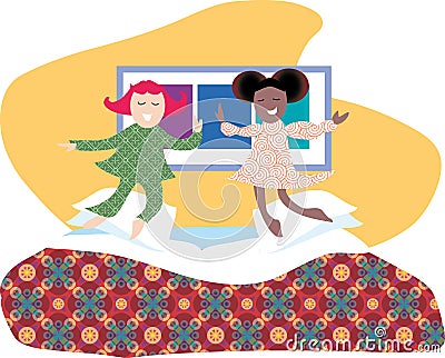 Two girl friends jumping on the bed during a pajama party.