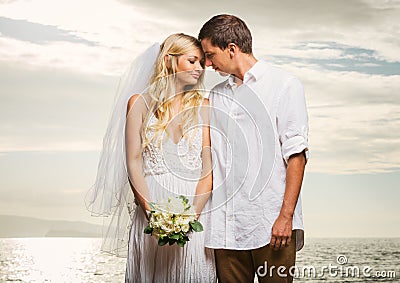 Just married couple on beach at sunset