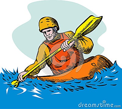 Illustration on the sport of kayaking isolated on white background.