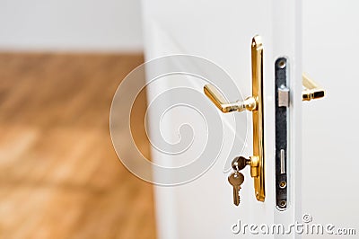 Keys in the keyhole with beautiful golden doorknob