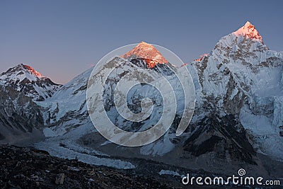 Khumbutse, Mt. Everest and Nuptse at Sunset