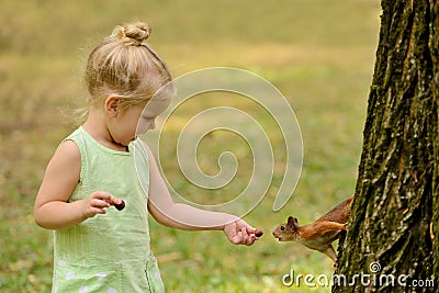 Kid girl feeds squirrel