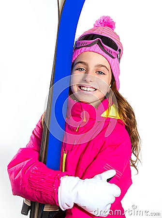 Kid girl ski with snow equipment goggles and winter hat