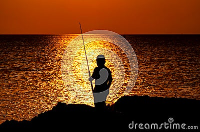 Kids Fishing Silhouette in Sunset