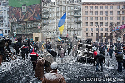 KIEV, UKRAINE: Crowd of people protest with flags