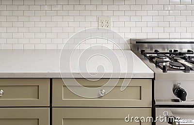 Kitchen Counter with Tile, Stainless Steel oven stove, Sh