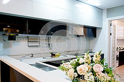 Kitchen modern furniture with a large window