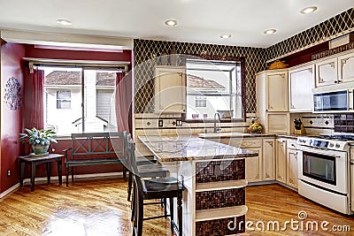 Kitchen room interior in contrast white and red colors
