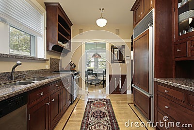 Kitchen with wood paneled refrigerator
