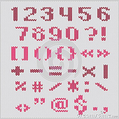 Knitted Vector Alphabet, Red Bold Sans Serif Numbers And Punctuation. Stock V...