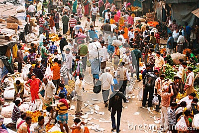 KOLKATA, INDIA: Big crowd of moving people on the Mullik Ghat Flower Market