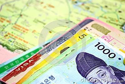 Korean map and money with passport and visa