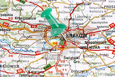 Krakow pinned on map