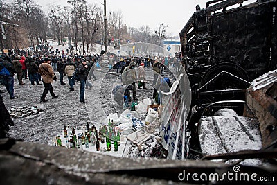 KYIV, UKRAINE - JAN 21: Protesters prepare Molotov