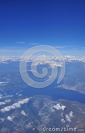 Lake Maggiore, monte rosa and the alpine range air view