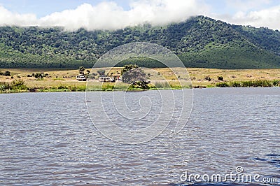 Lake in Tanzania with safari car