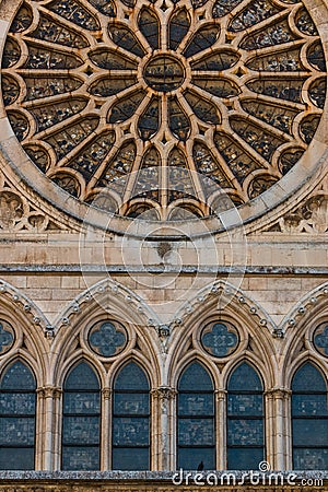 Lancet arch windows under the main rose window of the Cathedral