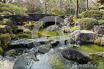 Landscape of stone bridge over garden stream