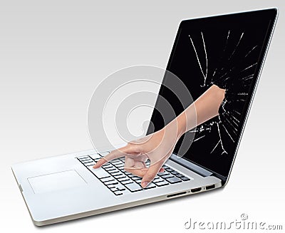 Laptop with broken screen and hand
