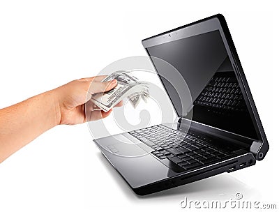 Laptop with Hand give 100 Dollars, Earn Money