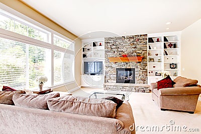 Large bright living room with fireplace