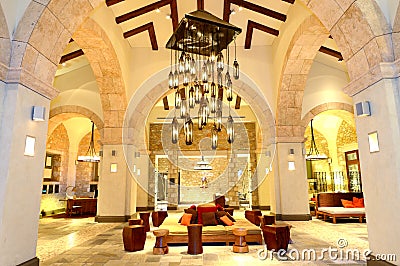 The large chandelier at lobby in luxury hotel