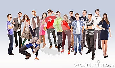 Large group of happy multicolored dressed teenagers