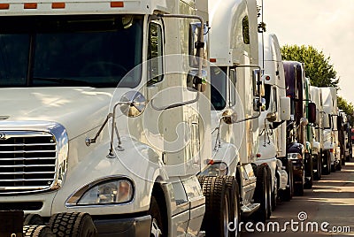 Large industrial trucks in traffic jam