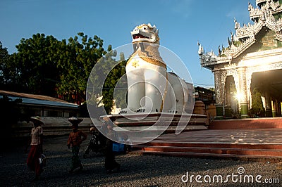 Large lion guardian at Maha Muni temple,Myanmar.