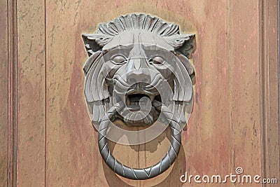Large Lion Head Door Knocker on Wood Door Background